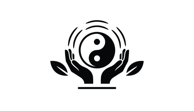 Gentle hands cradle a yin yang symbol surrounded by leaves and energy waves representing natural balance and peace.