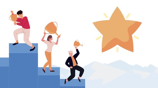 People celebrating success climbing stairs towards star achievement trophy award win.
