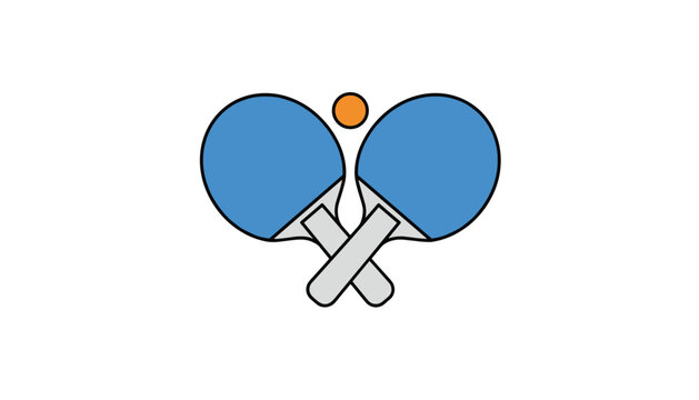 Two crossed blue table tennis rackets are paired with a bright orange ping pong ball on a clean white background.