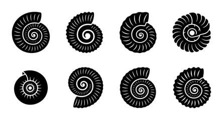 Ammonite Fossils Collection, Ancient Marine Life Spirals, Prehistoric Shell Icons, Natural History Vector Set © Ashim
