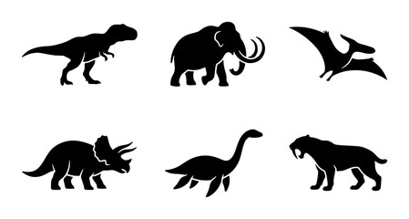 Dinosaur and Prehistoric Animal Silhouettes, Vector Icons for Paleontology and History © Ashim