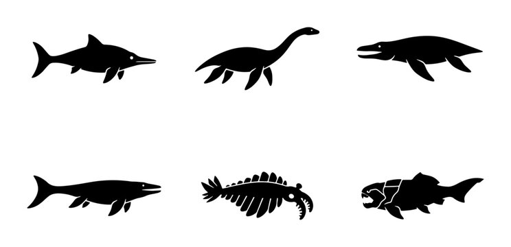 Prehistoric Marine Life Silhouettes: Ancient Sea Creatures Collection, Vector Icons
