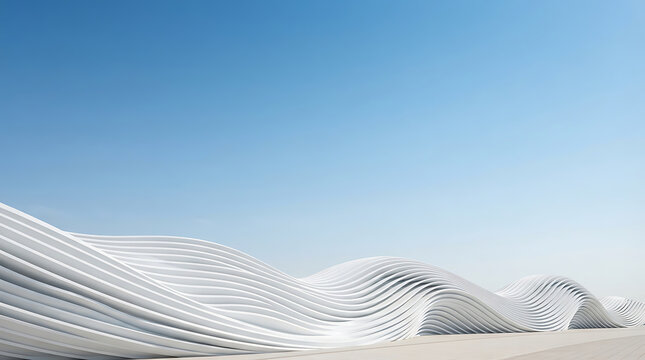 Futuristic white wave architecture with parametric design against a clear blue sky background.
