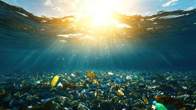 Ocean Pollution Crisis: The sun's rays pierce the water's surface, illuminating a devastating scene of plastic debris scattered across the ocean floor.