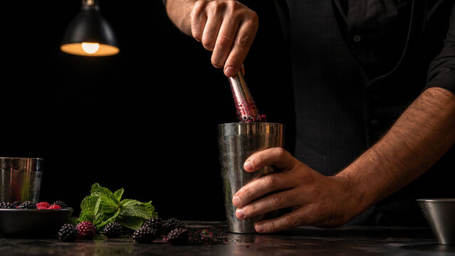 Bartender Muddling Berries in Cocktail Shaker