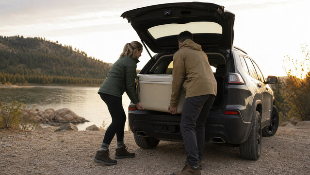 Couple loading cooler into SUV trunk by lake
