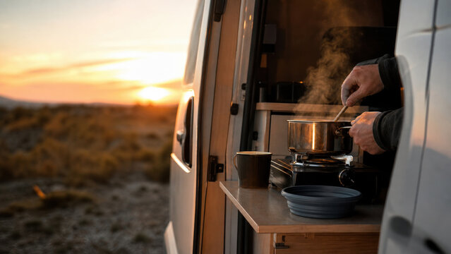 Van camping kitchen at sunset