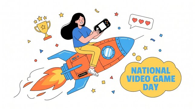 Girl playing game on rocket celebrating national video game day
