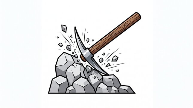 Pickaxe breaking gray rock chunks illustration