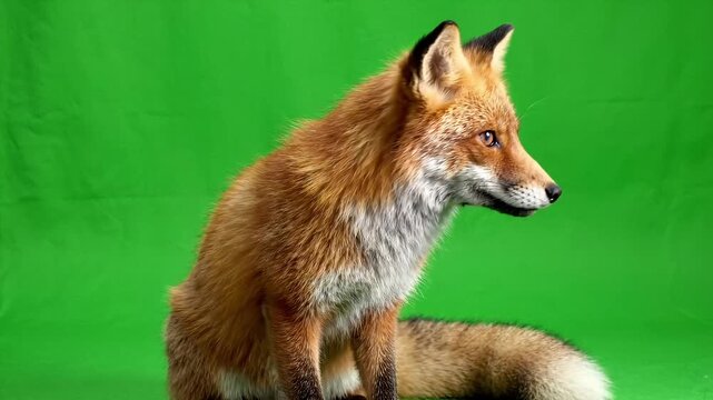 A Red Fox Sits Patiently Against a Vibrant Green Screen Background.