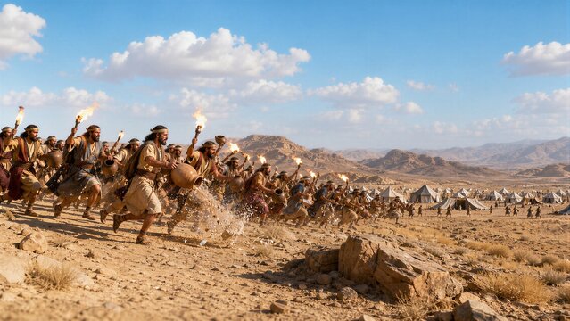 Gideon's Three Hundred Breaking Jars, Revealing Torches Around Midian's Camp in Ancient Near East