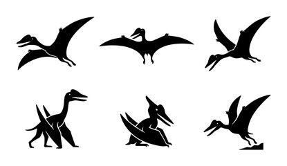 Pterodactyl Silhouettes Collection, Flying Dinosaur Icons, Prehistoric Creature Vector Set © Mainul