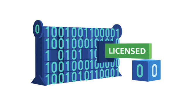 Digital Software Licensing and DRM Concept: 3D Illustration of a Green Licensed Block Inserting into a Binary Data Wall on White Background