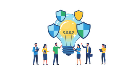 Fototapeta premium Intellectual Property Protection Concept with Business People Protecting a Glowing Lightbulb Idea with Shields, Patent and Copyright Security Illustration