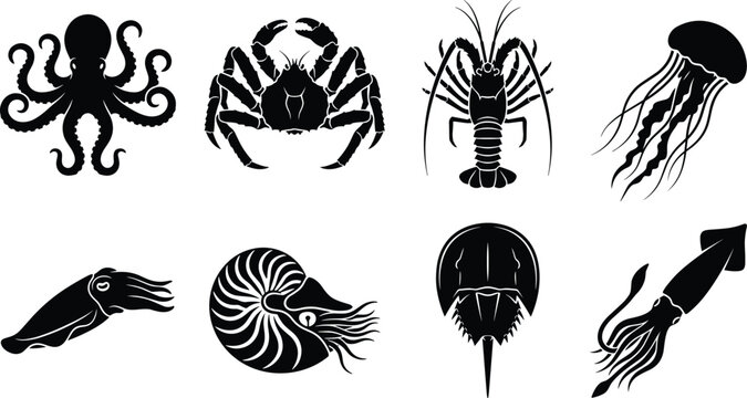 Vector silhouette set of marine ocean invertebrates featuring octopus, crab, lobster, jellyfish, squid, and nautilus icons