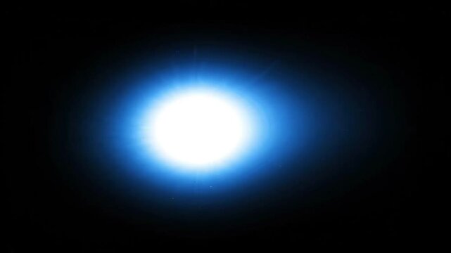 Abstract blue light leak overlay with a glowing white lens flare effect isolated on a black background for cinematic video post production and creative motion graphic design