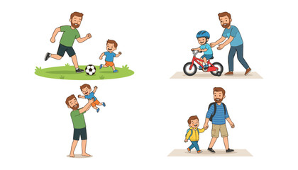 Fototapeta premium Happy Father and Son Activity Vector Illustration Set Featuring Dad Playing Football Teaching Bicycle Riding Walking and Tossing Child Graphic Designs