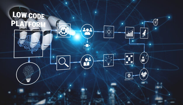 Futuristic Low Code Platform Concept with Robotic Hand and Digital Interface Elements Highlighting Data Processing and User Interaction Quark.