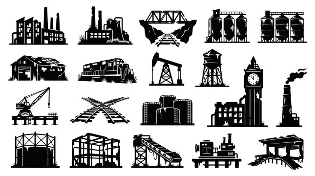 Industrial Silhouette Icons: Factories, Cranes, Trains, and Silos - Vector Art