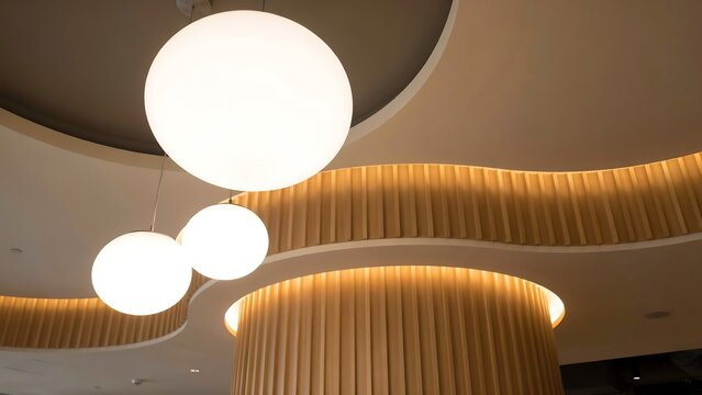 Modern spherical hanging lamps and curved wooden ceiling design with interior