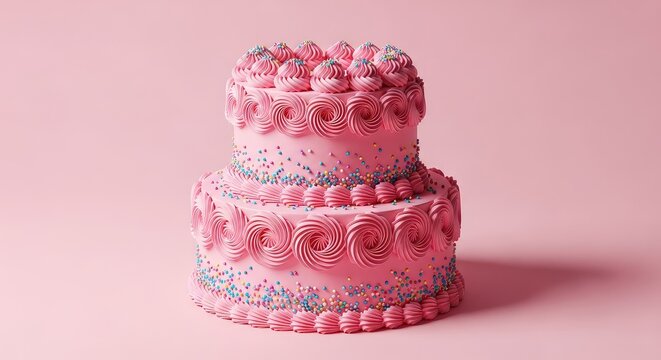 A decadent two-tier pink birthday cake decorated with delicate frosting swirls and sprinkles stands elegantly against a soft pink backdrop, confectionery, birthday, swirl