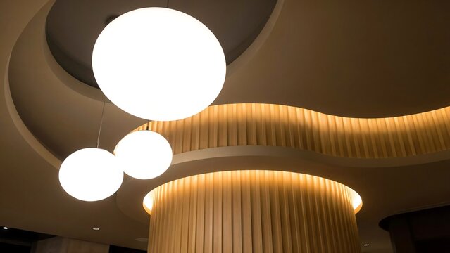 Modern interior lighting with spherical hanging lamps and wooden ceiling architecture