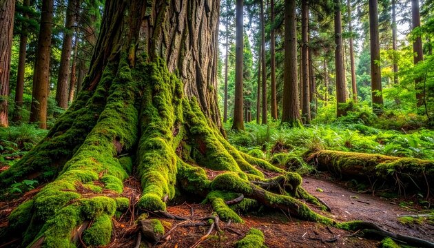 Cedar Tree Moss Roots Dark Forest Background2
