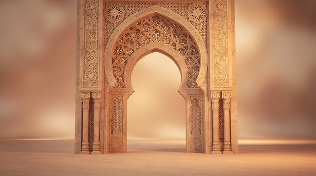 Majestic Islamic Archway with Intricate Carvings in a Golden Misty Desert Landscape at Sunset