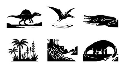 Dinosaur Icons Set, Prehistoric Vector Graphics, Jurassic Era Silhouettes, Ancient Reptile Illustrations © Anjali