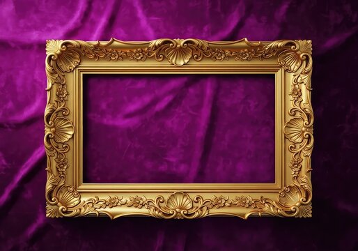 A luxurious ornate golden picture frame centered on a deep purple velvet background, perfect for displaying fine art and photography, velvet, design, carving