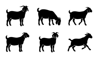 Fototapeta premium Goat Silhouettes Collection, Farm Animal Icons, Livestock Vector Graphics, Rural Mammal Set