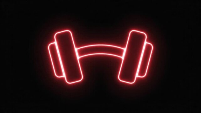 Neon red barbell icon on black background. Glowing fitness weightlifting symbol. Vibrant dumbbell sign for gym and bodybuilding content.