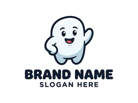 Cute white mascot waving character logo template with placeholder brand name and slogan text vector