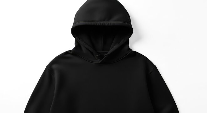 A premium blank black hoodie sweatshirt featuring a clean front surface, soft fabric texture, and a spacious hood for apparel design mockups, wear, garment, fabric