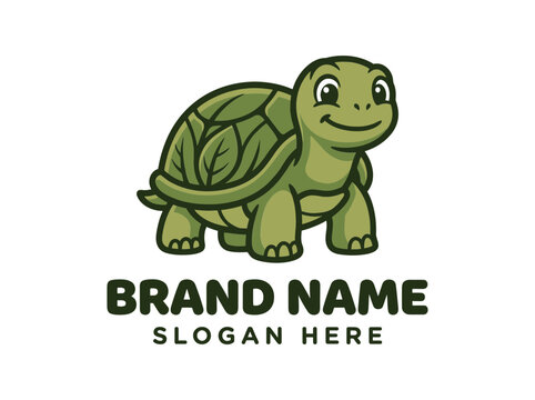 Cute Cartoon Turtle Mascot Logo with Green Leaf Shell Pattern for Organic Brand Identity