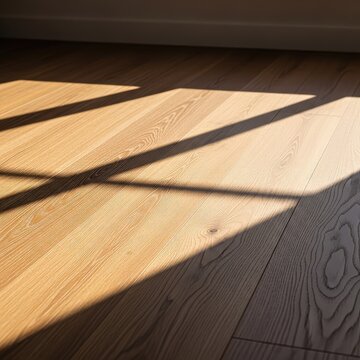 A pristine wooden floor displays elegant geometric shadows from a nearby window during the golden hour, showcasing rich grain and texture, peaceful, room, parquet