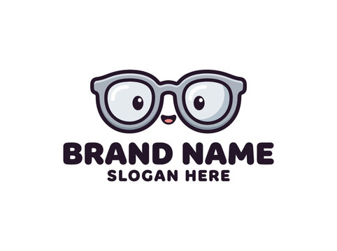 Cute Cartoon Eyeglasses Logo Mascot with Smiling Face Character Vector Illustration