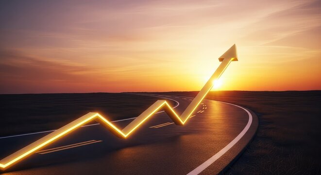 A shining golden upward arrow follows a winding asphalt road toward a bright sunrise, symbolizing financial growth and successful future goals, milestone, highway, horizon