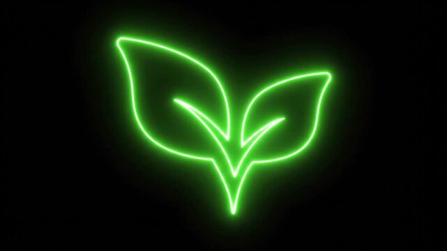 Neon green leaf icon glowing on black background, vibrant sprout symbol for eco-friendly branding, luminous plant foliage animation