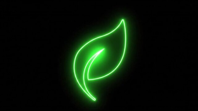 Glowing green neon leaf icon on black background, luminous eco-friendly nature symbol, vibrant electric foliage outline for environmental concepts