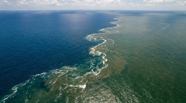 Aerial view of two distinct bodies of water meeting, showcasing a stark contrast between clear blue ocean and murky green river sediment