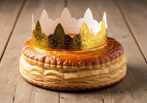 A traditional golden puff pastry kings cake rests on a wooden surface, decorated with a shiny gold paper crown for a festive celebration, delicious, galette, pastry