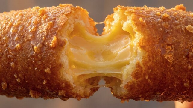 Cheesy Korean Corndog or Mozzarella Stick Pulled Apart Revealing Stretchy Melted Cheese