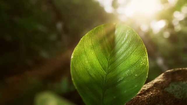 Close up fresh green leaf emerging from forest floor in sunlight with filtering through surrounding