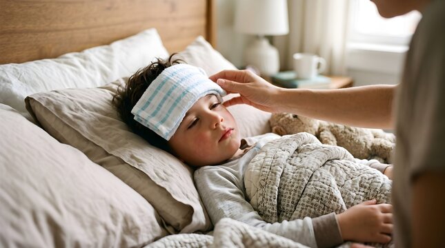 A child with a fever is having a compress applied to their forehead