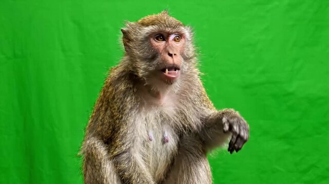 Monkey Sitting and Looking Around on a Green Screen Background.