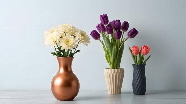 Vases with White Chrysanthemums, Purple Tulips, and Coral Tulips | Three Decorative Vases with Fresh Spring Flowers on Table | Copper, Beige, and Black Vases with Fresh Flower Bouquet