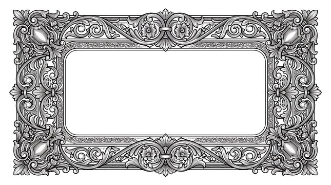 Intricate Vintage Engraving Style Ornamental Frame with Baroque Floral Patterns and Blank Center Space