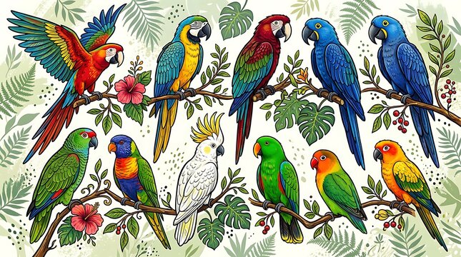 Vibrant Collection of Various Tropical Parrots and Macaws Perched on Branches with Exotic Flowers