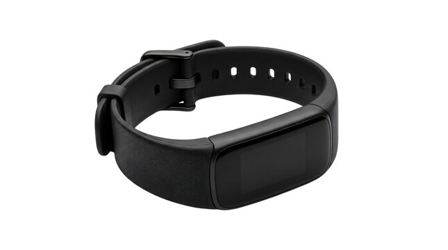 Black fitness tracker and smart band product photo. Wireless activity monitor with digital screen. Wearable device isolated on white background. Modern technology for health and sports